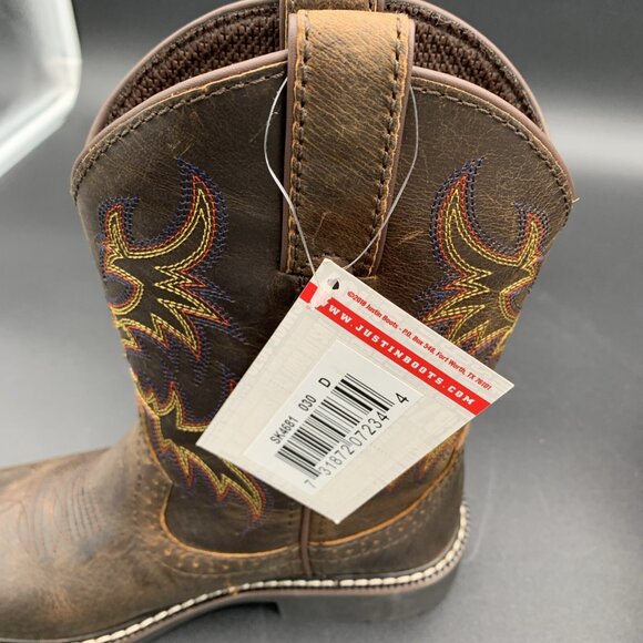 Justin Western Boots Kids Brown Leather Size 3D Rugged Tan Buffalo SK4681 - Picture 12 of 12